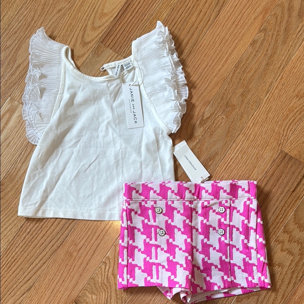Janie and Jack White Ruffle Top with Pink Patterned Shorts